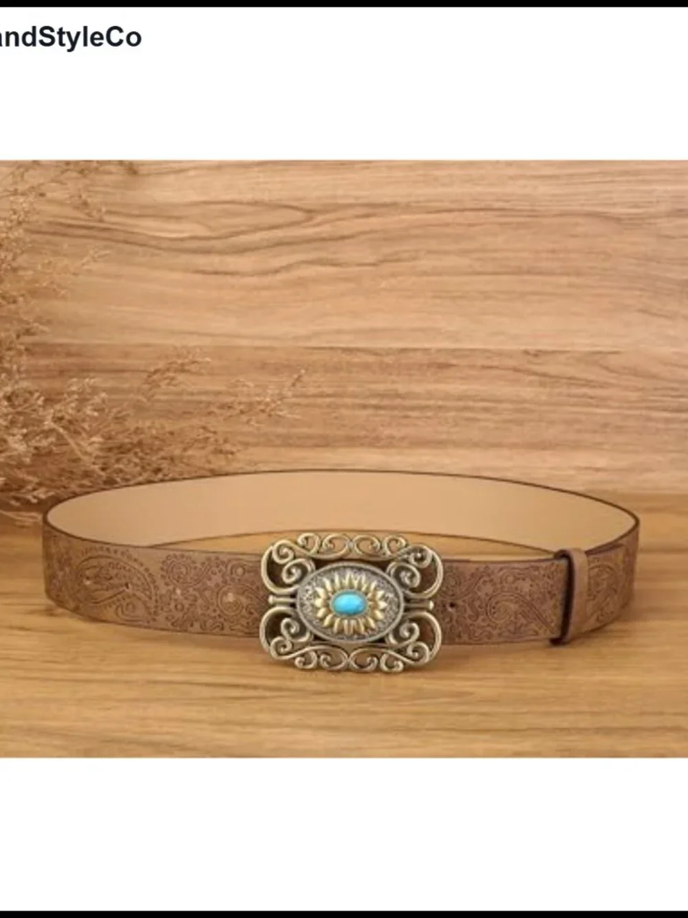 Vintage Western Leather Belt Floral Turquoise Buckle Faux Leather